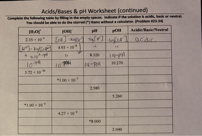 Bases acids worksheeto acid answers